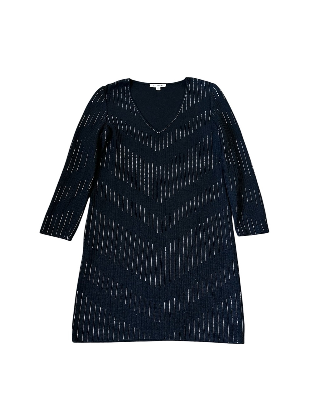 St. John Santana Sweater Knit Dress Embellished V-Neck Quiet Luxury Evening